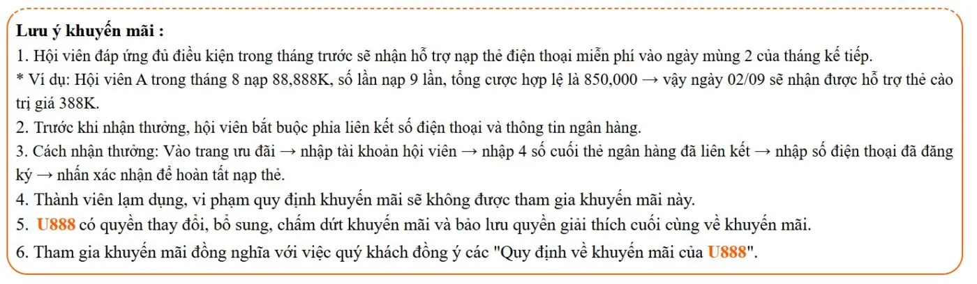 Điều kiện nhận khuyến mãi U888