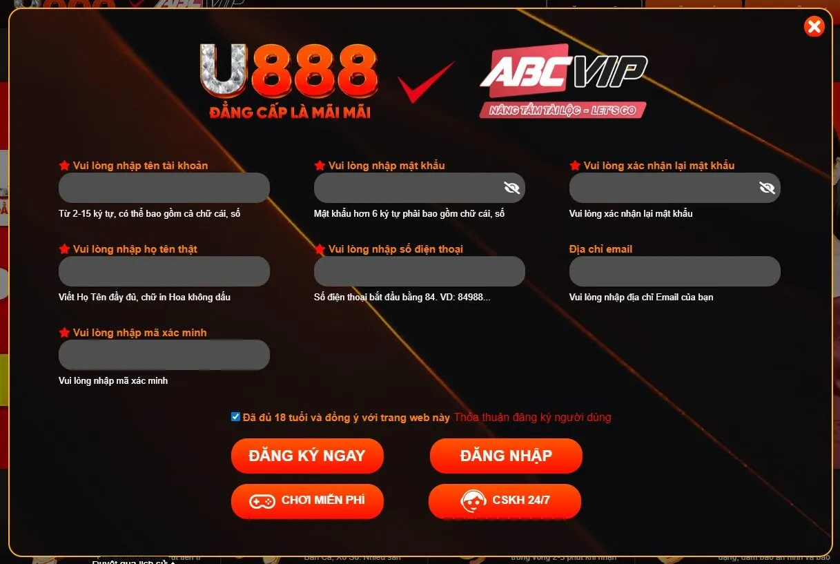 Giao diện đăng ký tại nhà cái U888
