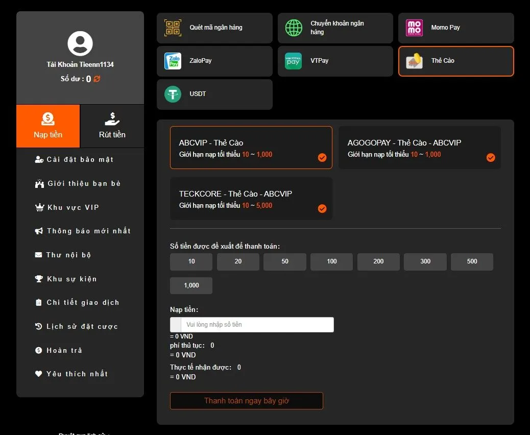 Nạp tiền U888 qua thẻ cào