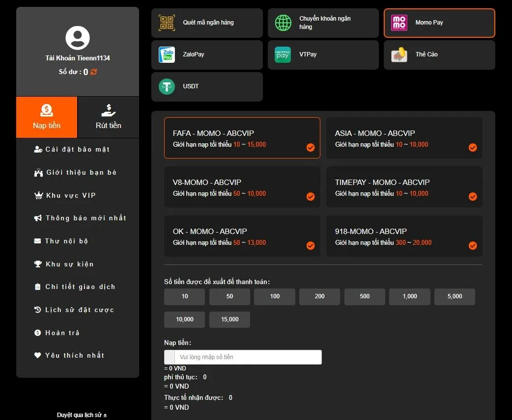 Nạp tiền U888 qua ví điện tử